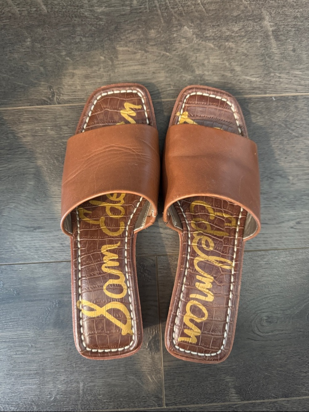 Sam Edelman Tan Leather Wide-Band Slide Sandals